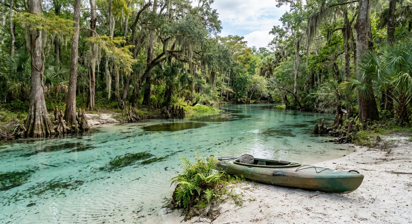 Clear spring water and cypress along a Florida spring run with a kayak on the bank