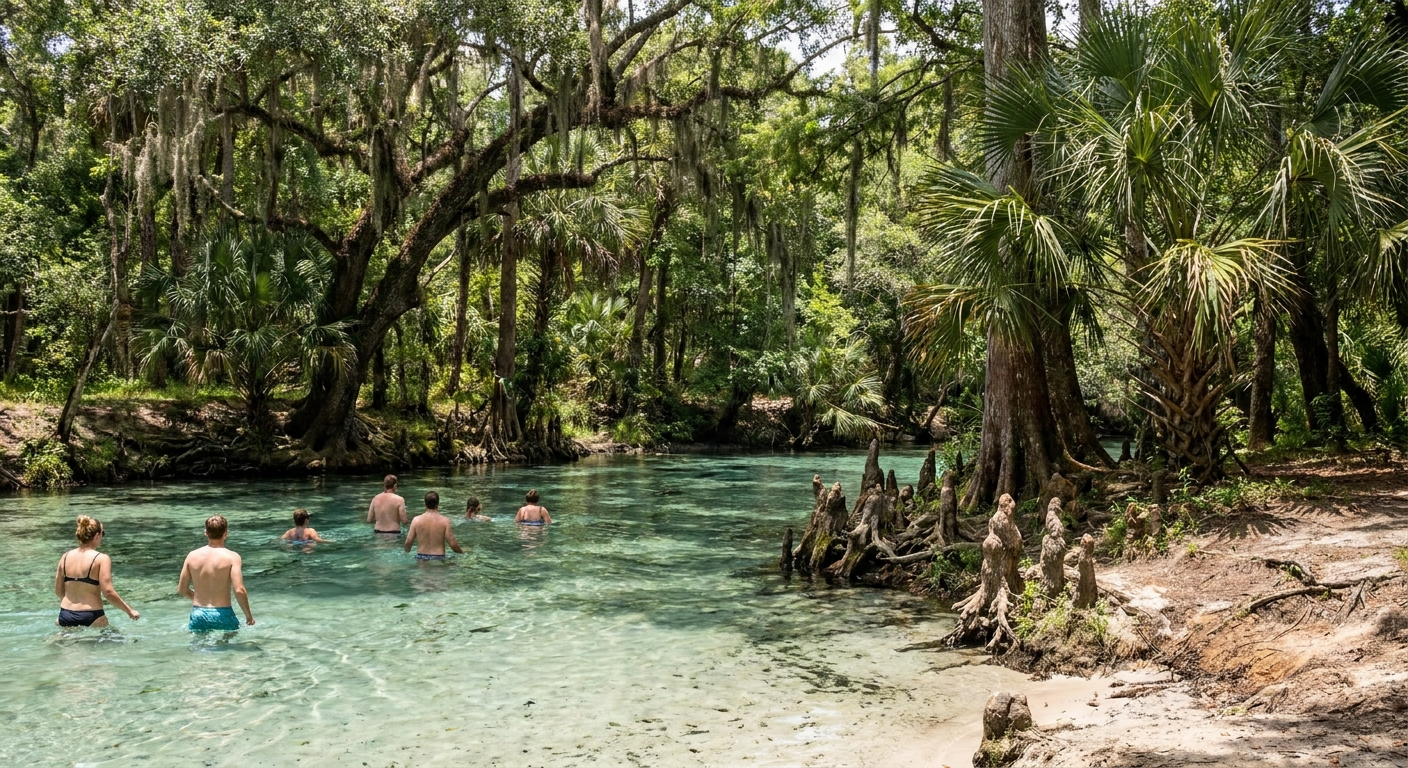 Swimmers in clear blue spring water ringed by cypress, palmetto and a sandy bank in central Florida