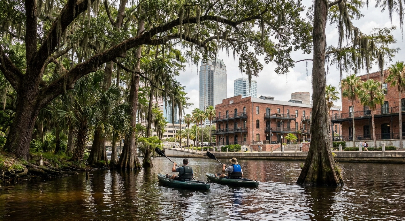 Kayakers paddling a dark river under live oaks and cypress near Tampa