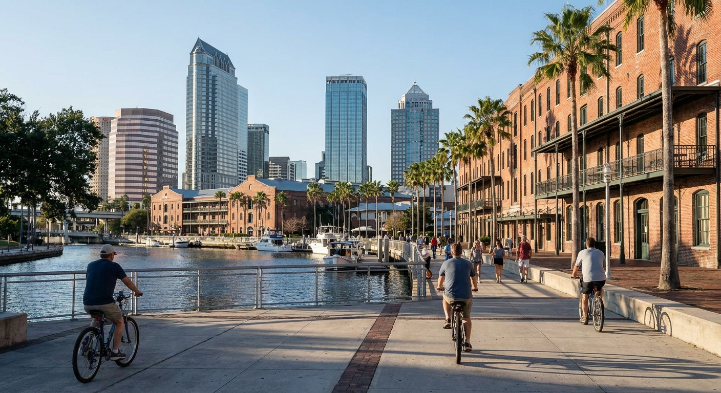 Downtown Tampa seen from the riverwalk along the Hillsborough River on a clear winter afternoon