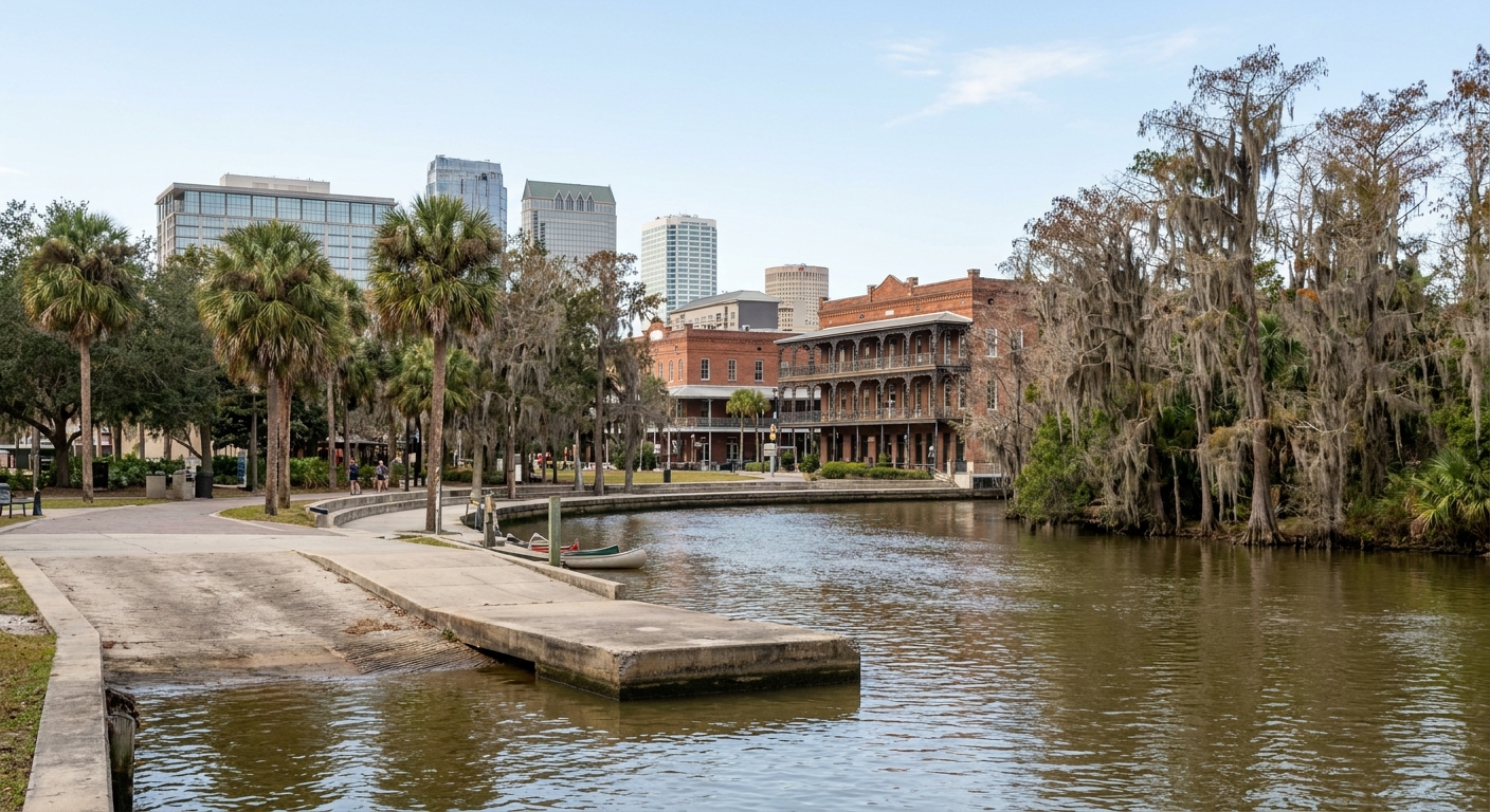 Cypress-lined river bend with a canoe launch ramp in central Florida under clear winter light
