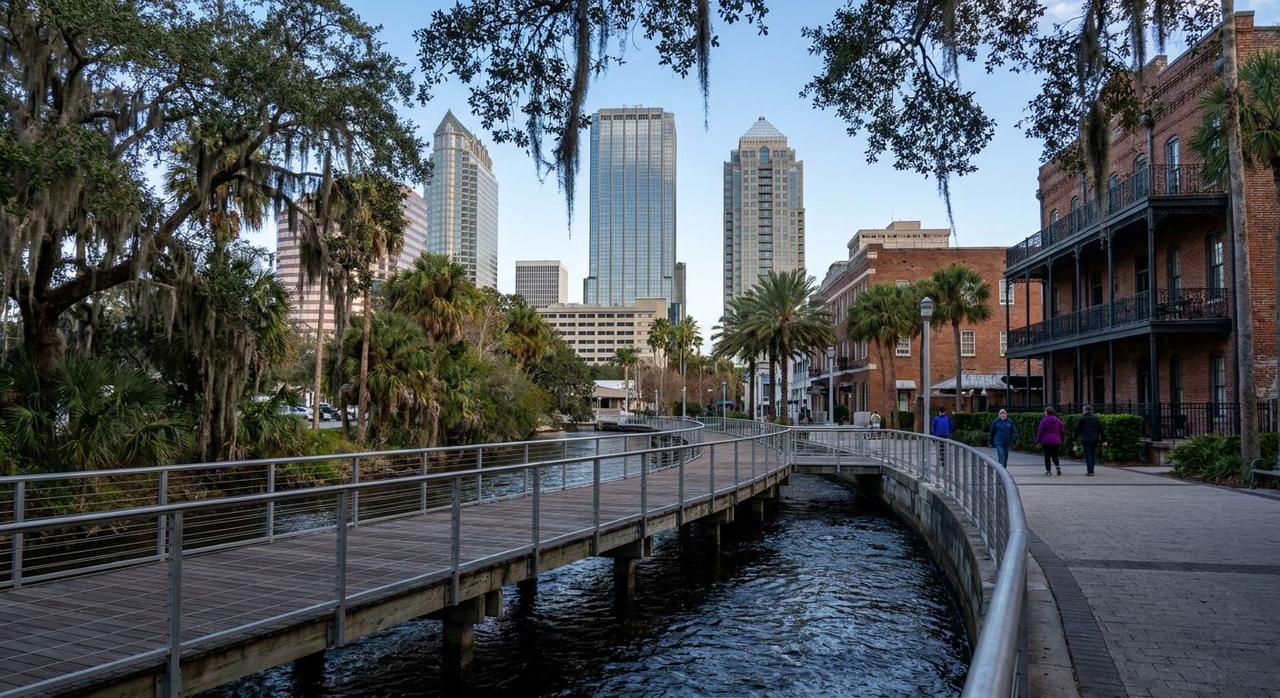 A boardwalk over dark river water under live oaks and palms on a clear winter morning
