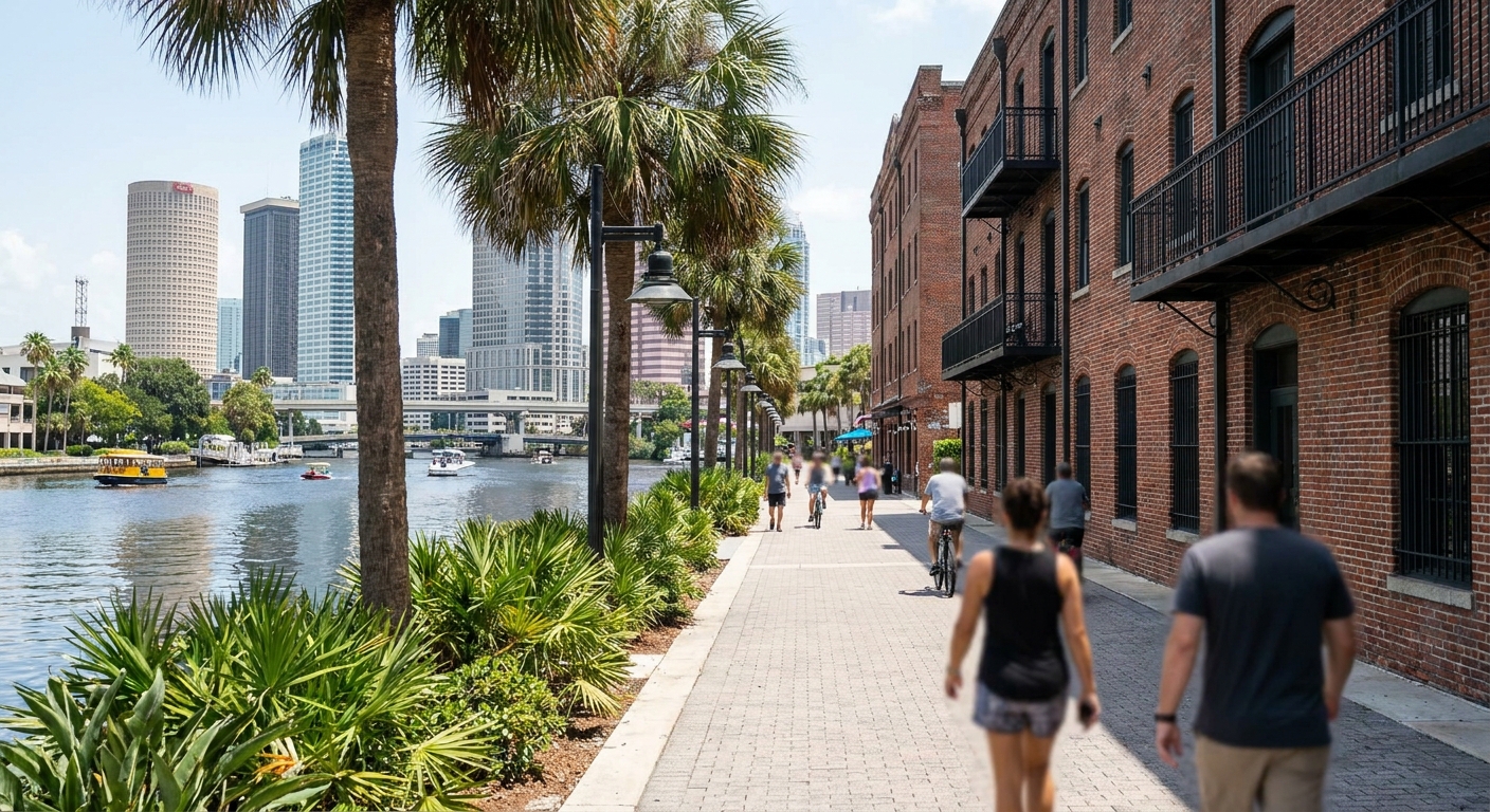 Palm-lined riverfront walkway along the Hillsborough River in Tampa under a bright summer sky