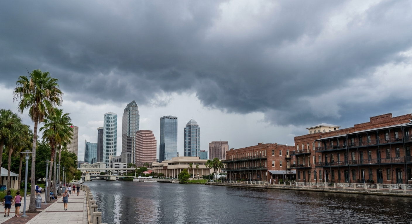 Storm clouds building over the Hillsborough River beside downtown Tampa on a summer afternoon