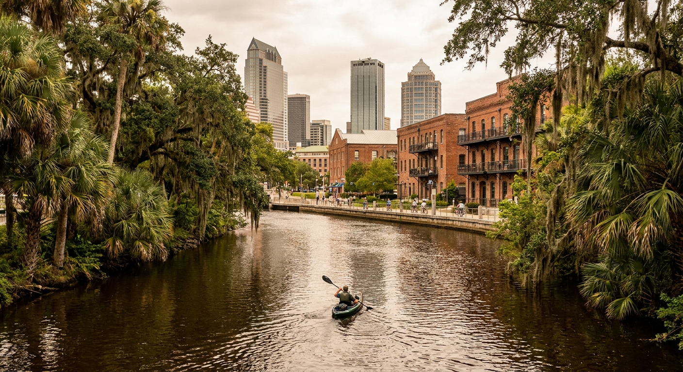 A paddler on a dark tannic river lined with oaks and palms north of Tampa