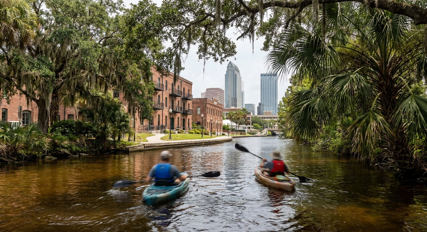 Kayakers paddling a dark river under overhanging oaks in central Florida