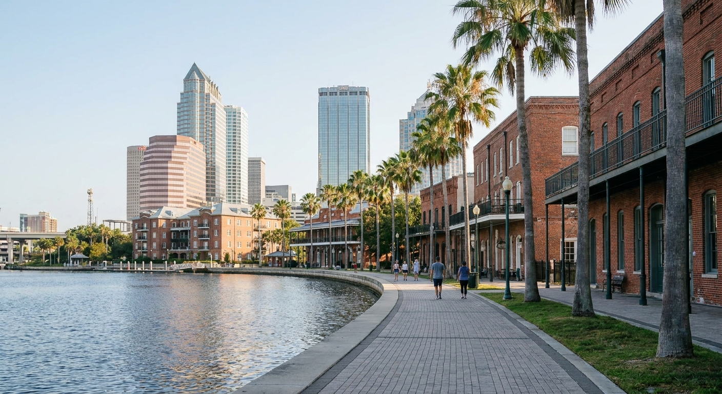 A waterfront sidewalk curving along a bay, palm trees and low apartment buildings behind it under clear morning light