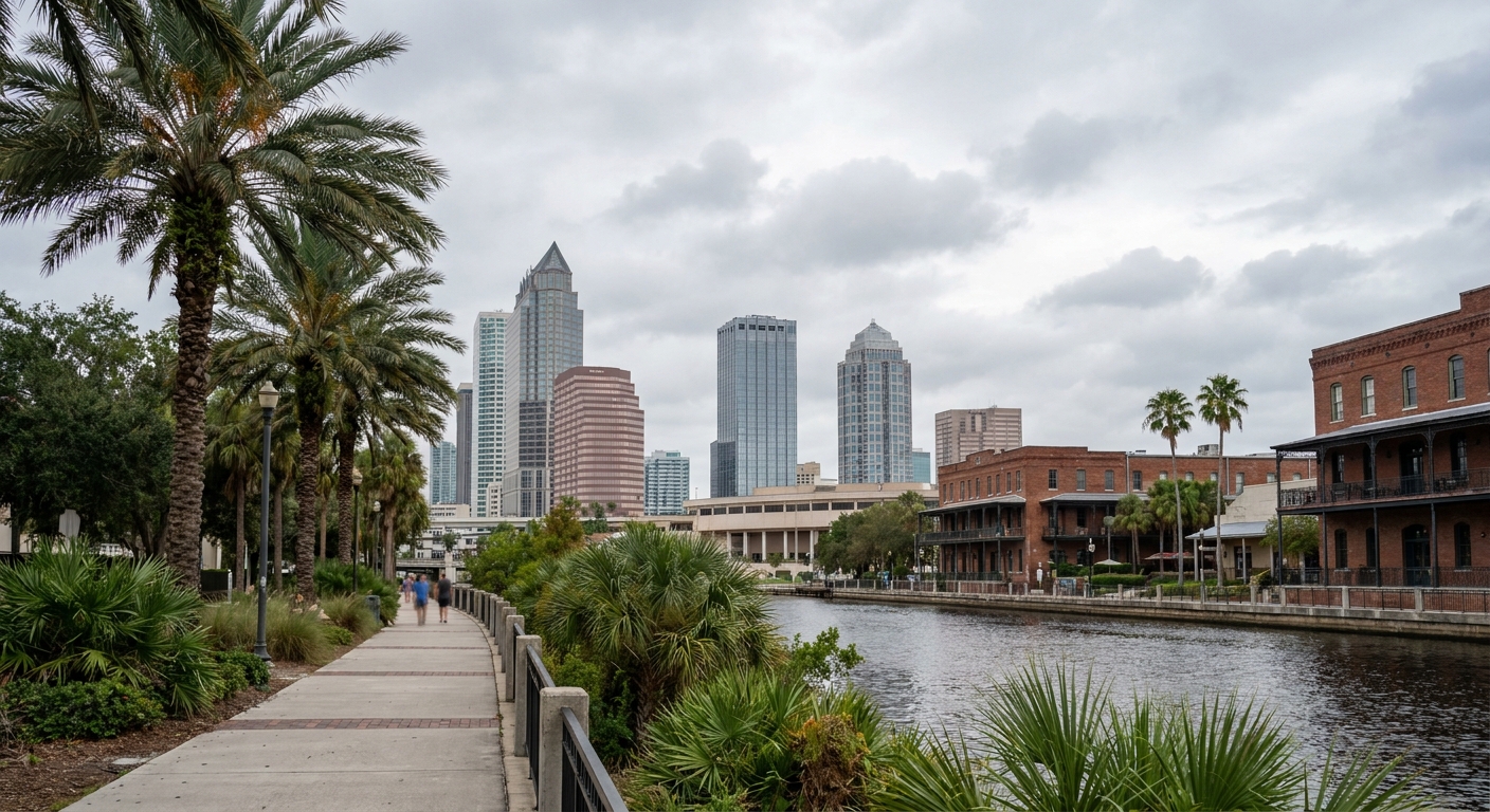 Palm trees and a paved riverside path along the Hillsborough River in Tampa under afternoon cloud