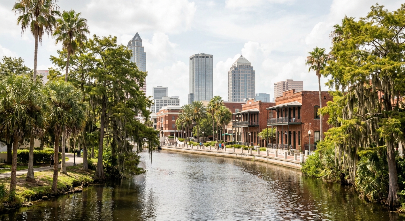 A calm river lined with cypress trees under a bright sky northeast of Tampa