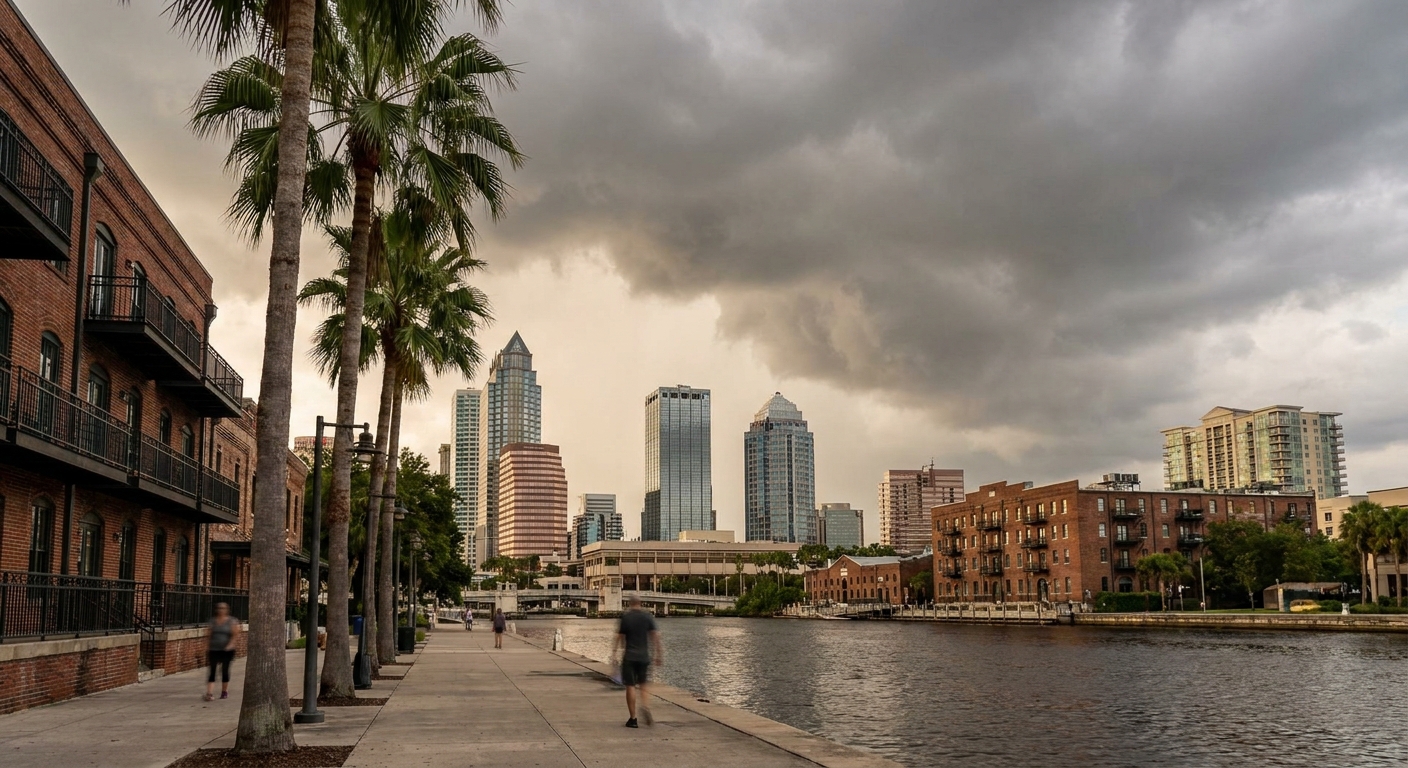 Storm clouds building over Tampa Bay in late afternoon with palms in the foreground