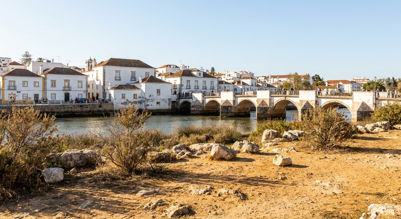 Whitewashed houses and the old stone bridge over the Gilao river in Tavira under clear spring light