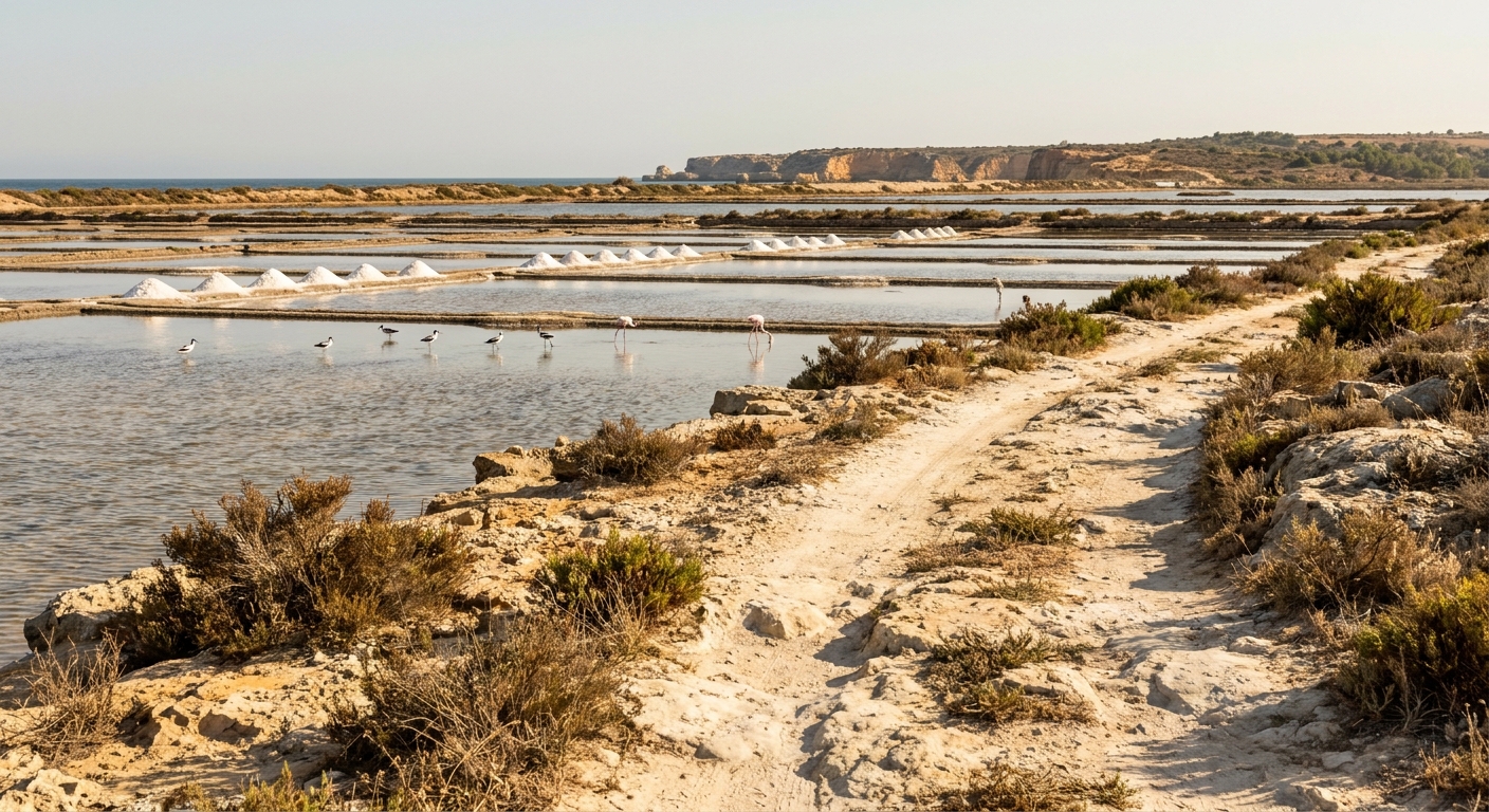 Salt pans east of Tavira with low white mounds of salt and wading birds in shallow water