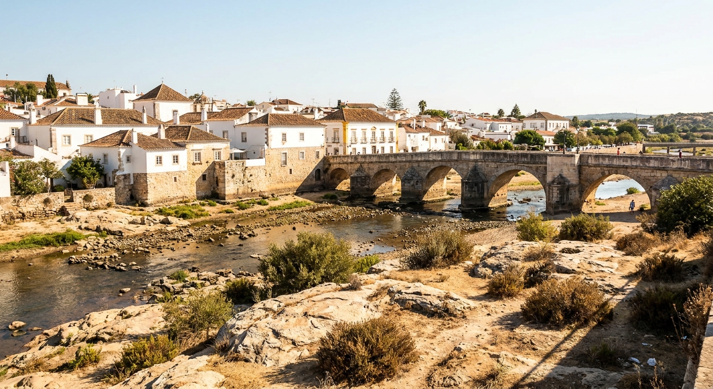 Whitewashed houses and the old arched bridge over the Gilão river in Tavira under strong summer light