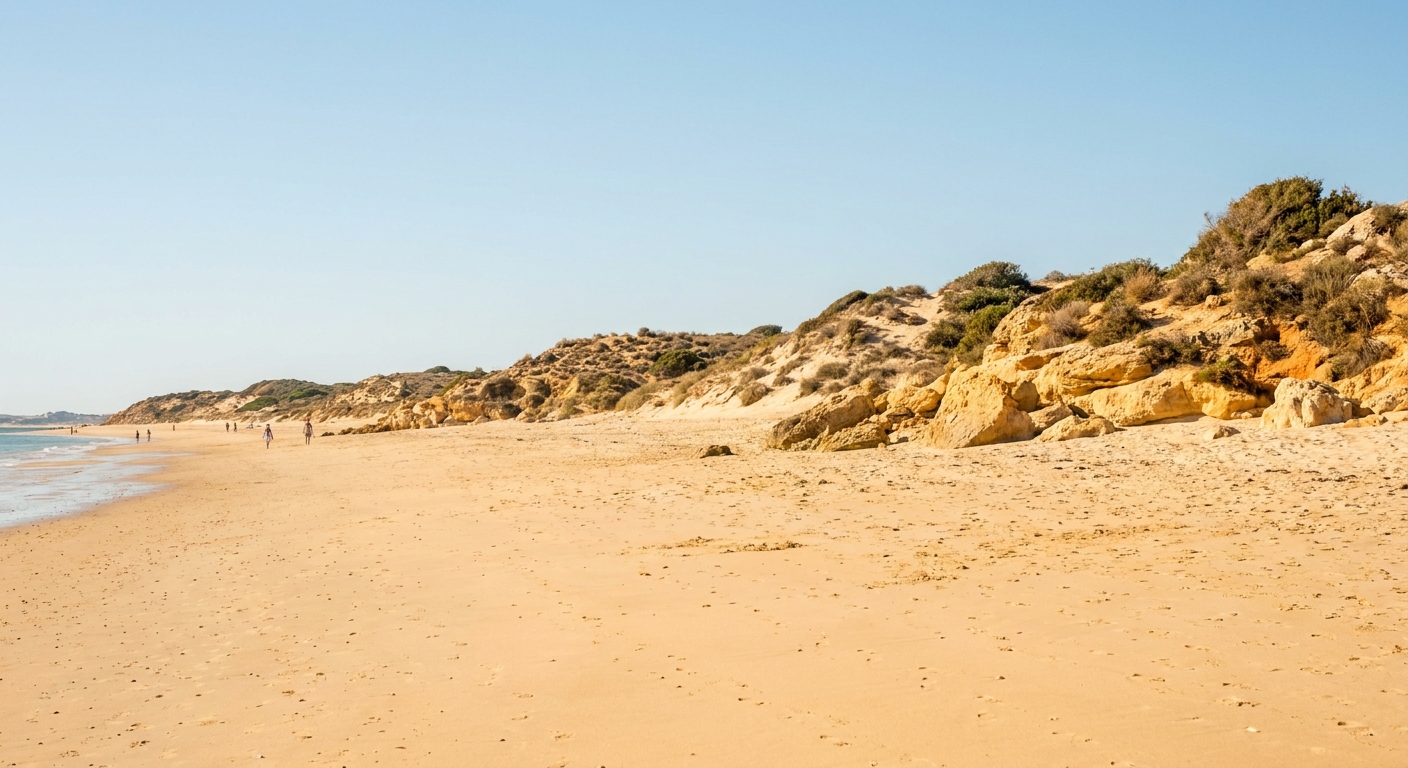 Wide sandbank beach backed by low dunes on a barrier island in the Ria Formosa lagoon