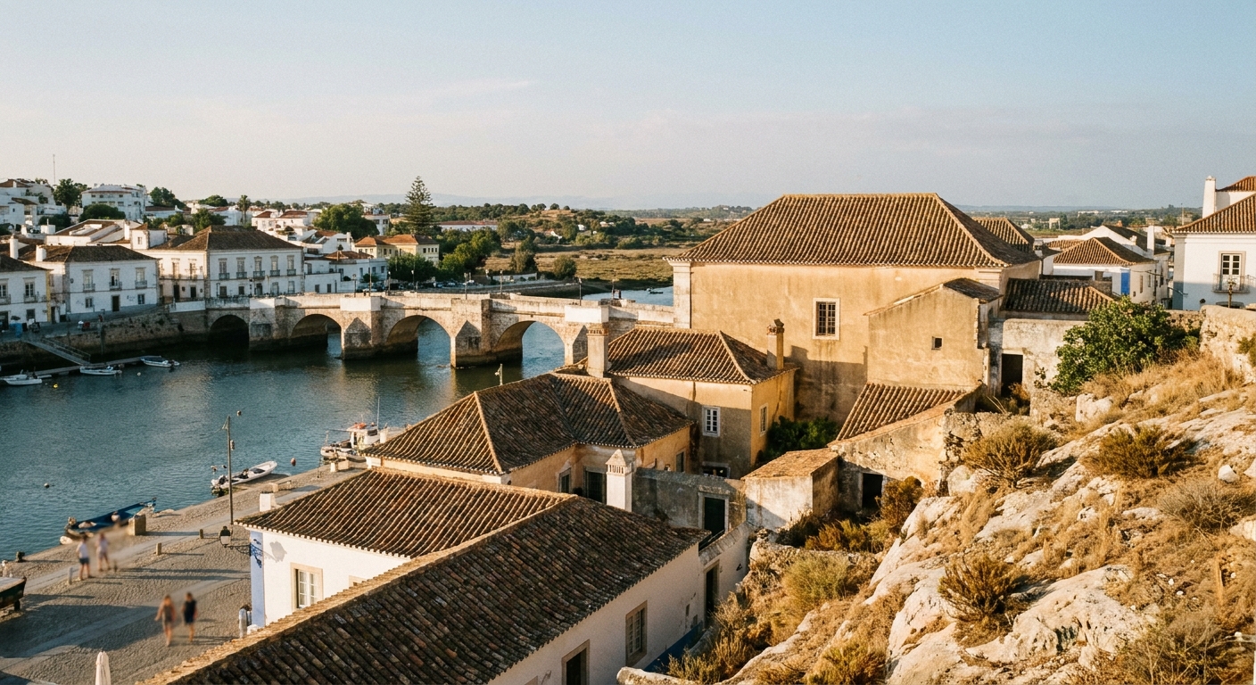 Low winter sun over the tiled rooftops and river bridge of Tavira, Portugal