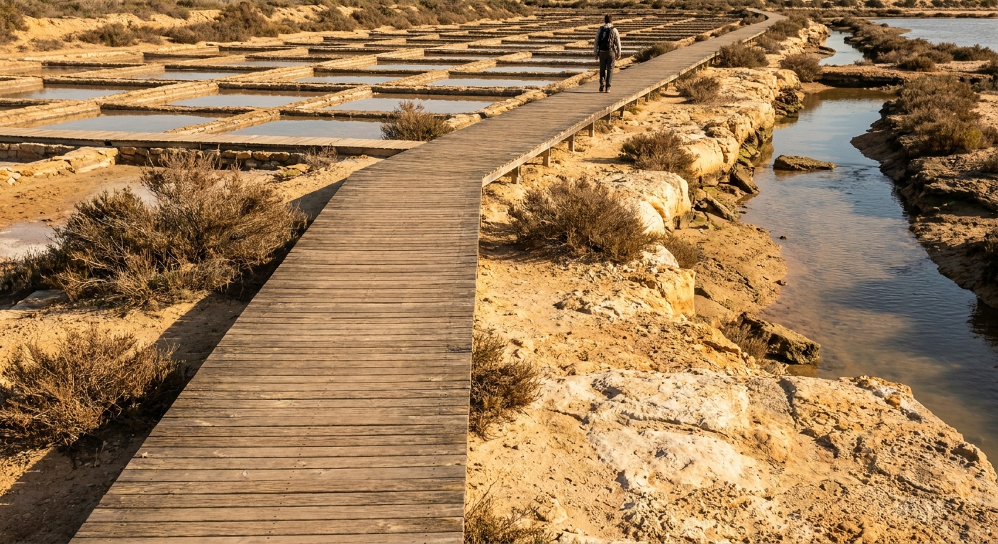 Wooden walkway crossing salt pans and lagoon channels near Tavira under a low winter sun