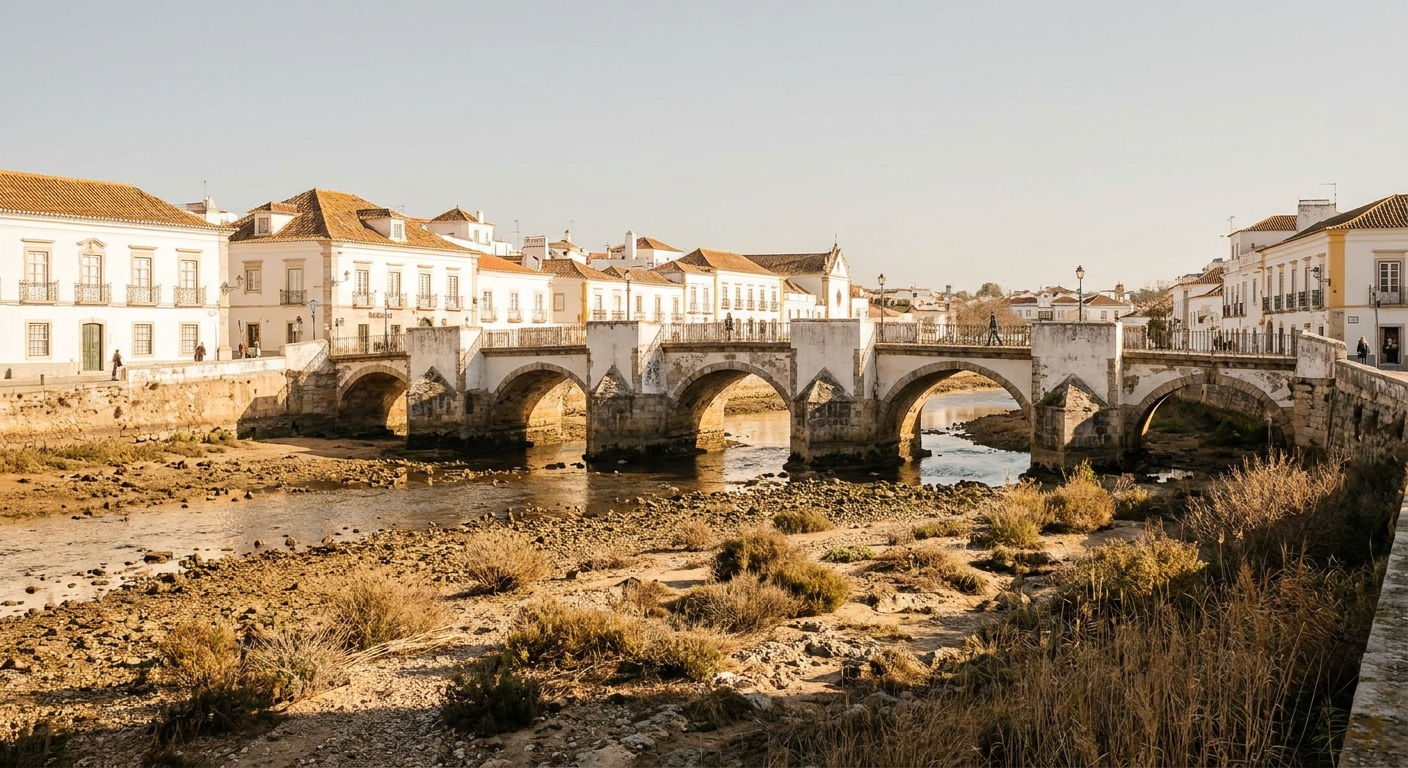 Whitewashed houses and the old stone bridge over the Gilao river in Tavira under winter light