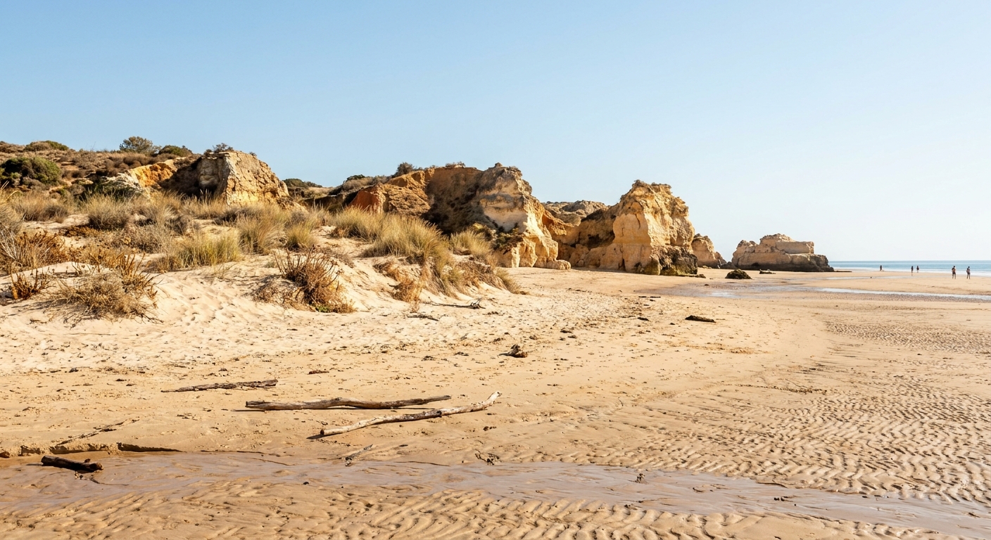 Wide empty low-tide sand and low dunes on a barrier island beach near Tavira