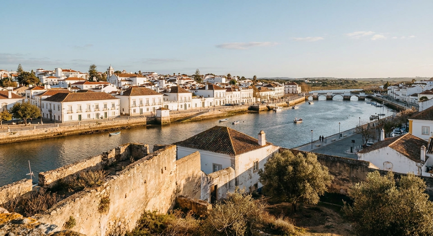 Low winter sunlight over the river and tiled rooftops of Tavira in southern Portugal