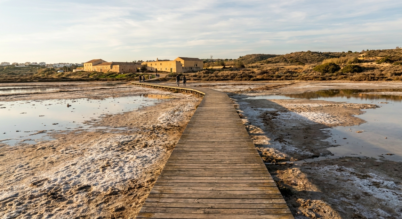 Wooden walkway crossing the salt pans of the Ria Formosa near Tavira under winter light