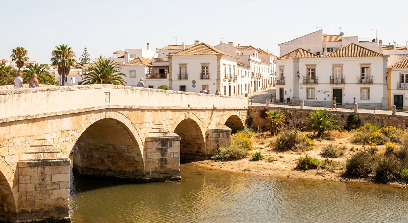 Whitewashed houses and a low stone arch bridge over the Gilao river in Tavira under strong summer light