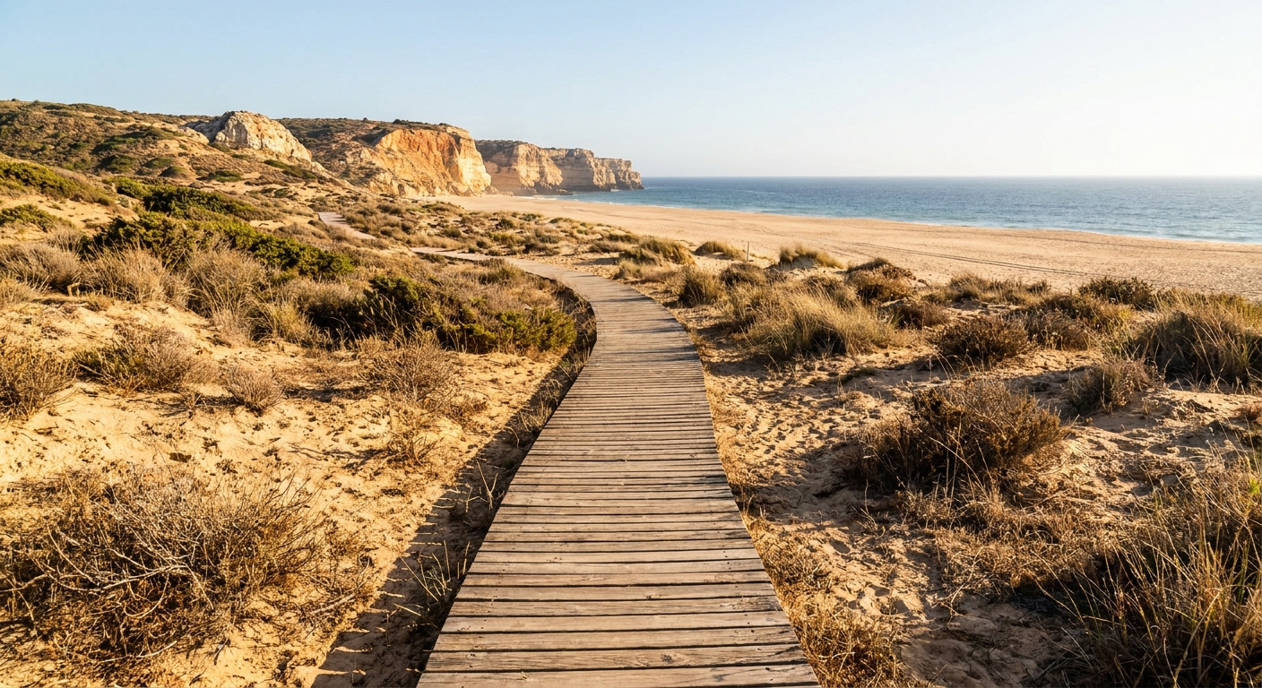 A wooden boardwalk crossing low dunes toward a wide empty sandbar beach