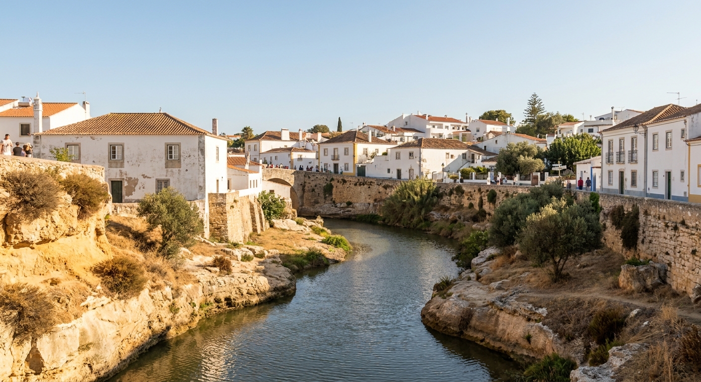 A river running through a town of white houses and tiled roofs under a clear sky