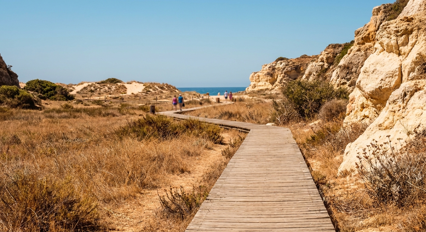A wooden walkway crossing salt marsh toward low dunes and a beach
