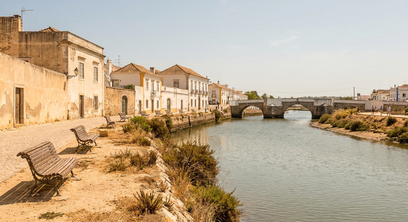 The Gilão river running through Tavira with the low arched bridge and riverside benches