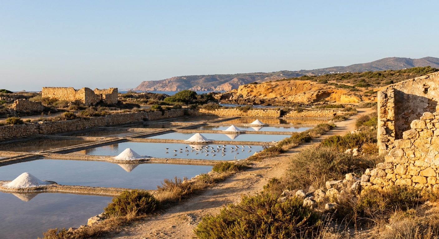 Rectangular salt pans east of Tavira with low white salt mounds and wading birds