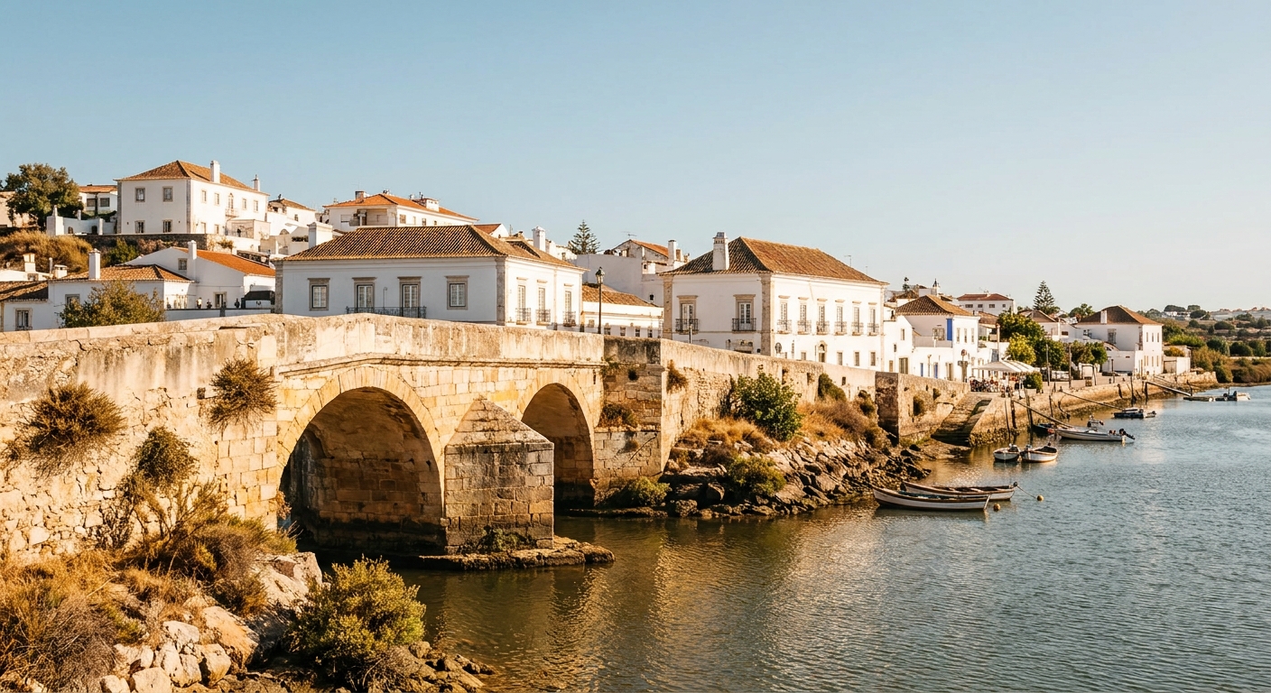 Whitewashed houses and the arched stone bridge over the Gilao river in Tavira under clear sky
