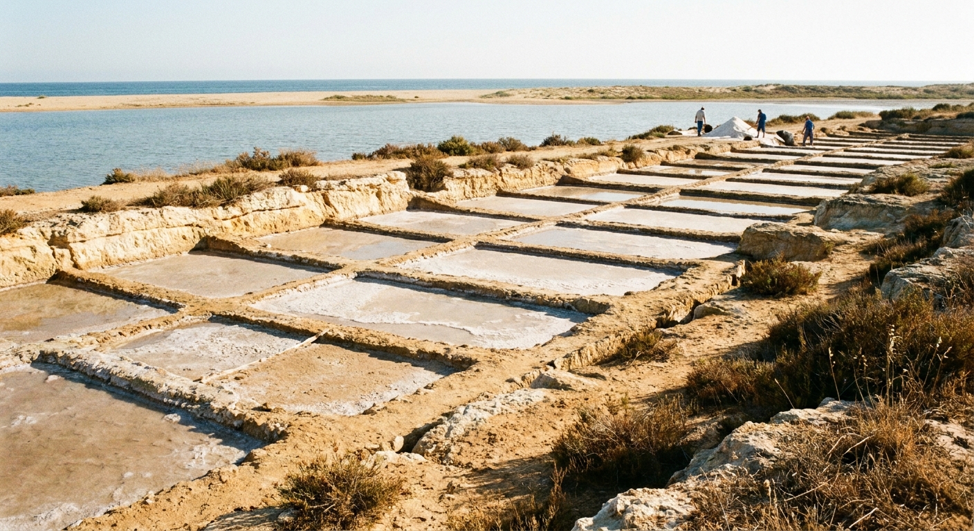 Shallow rectangular salt pans stretching toward a lagoon and a low sandbar