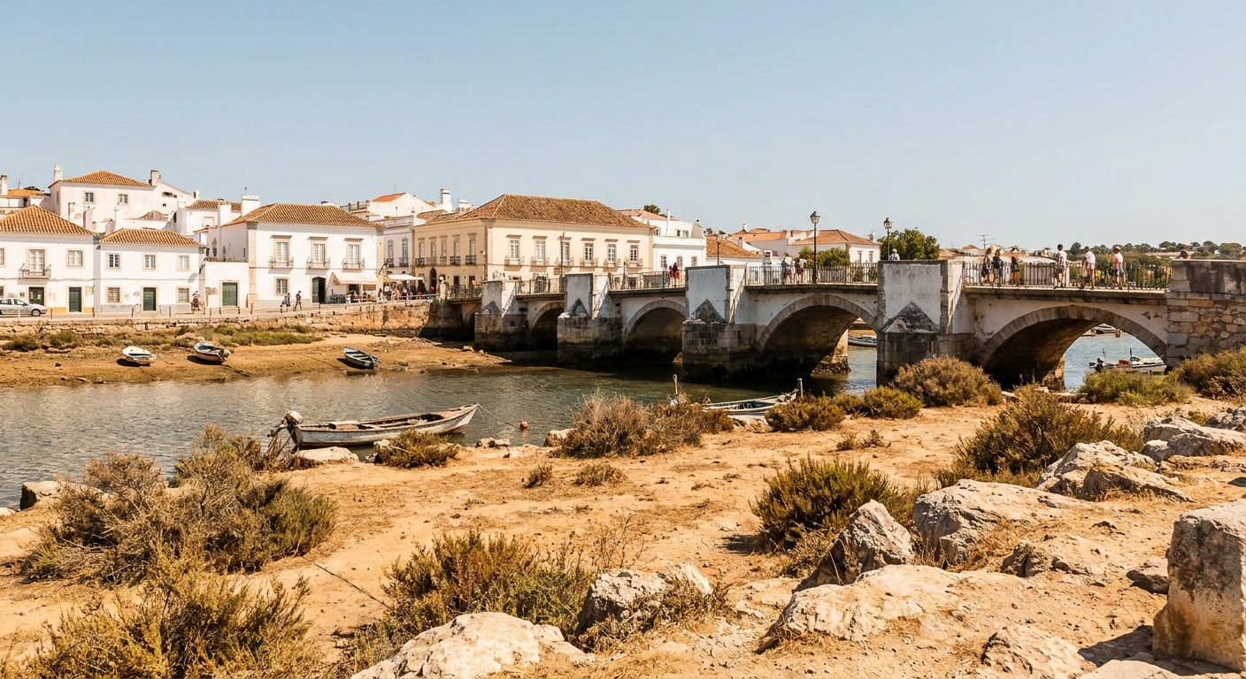 Low white buildings and a stone bridge over the Gilao river in Tavira under a clear sky