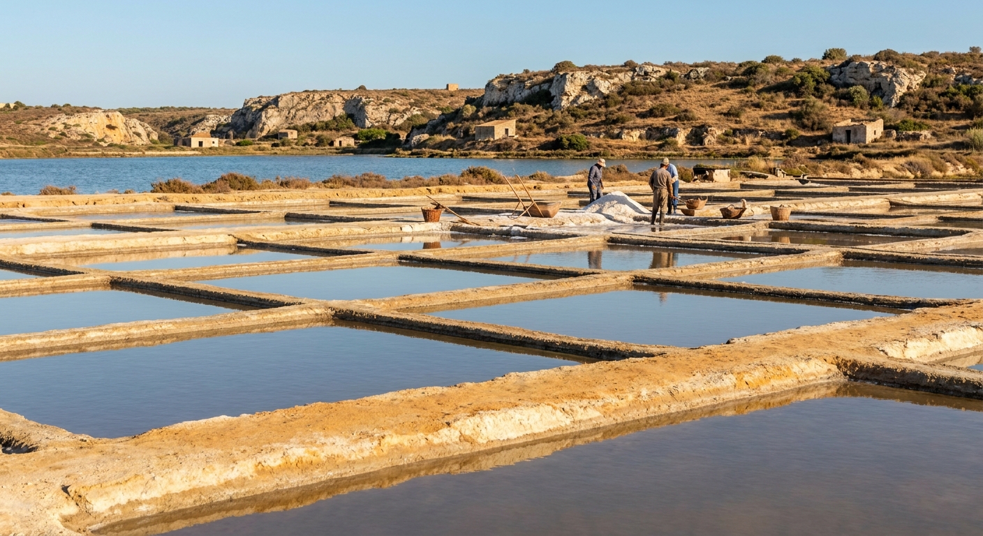 Rectangular salt pans with shallow still water and low earth banks beside a lagoon