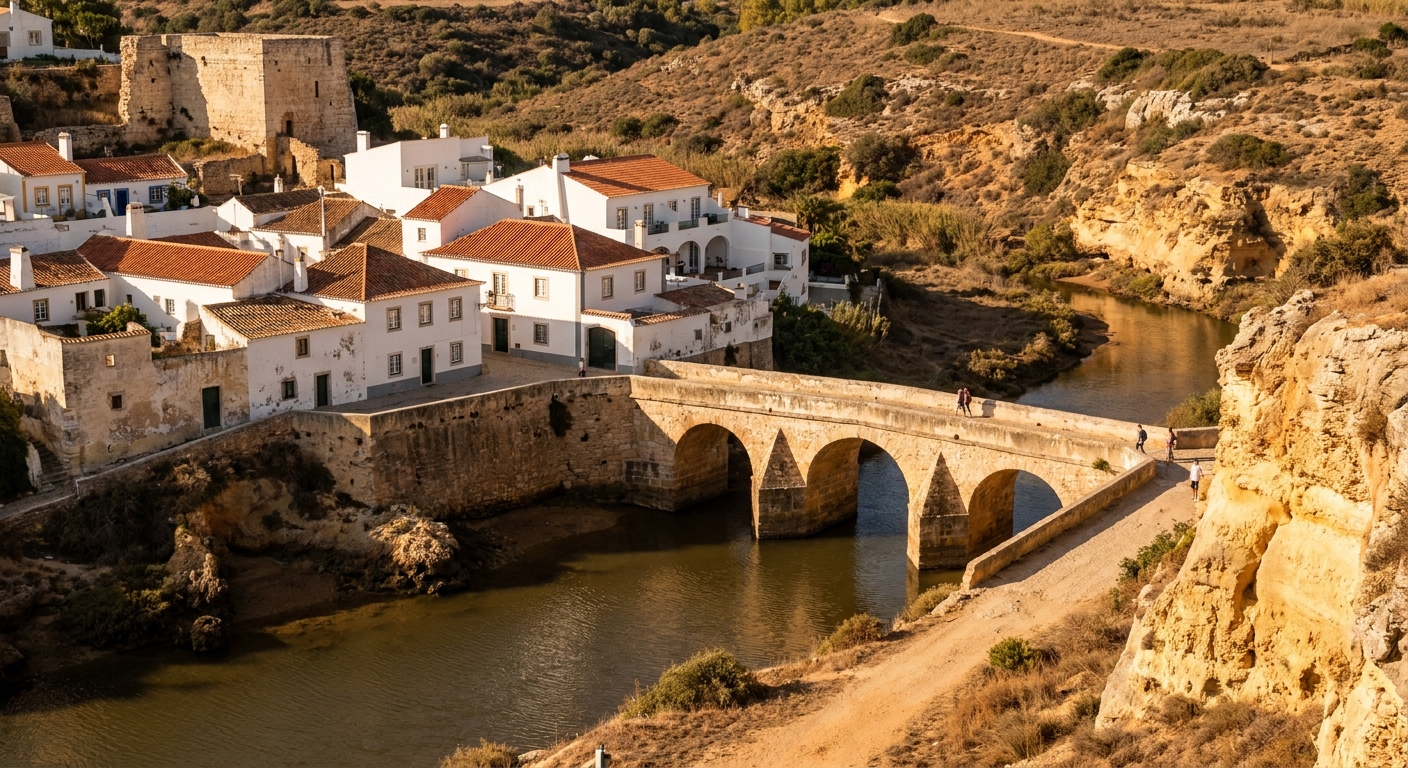 Low white houses and a stone arched bridge over a calm river in a small Portuguese town under autumn light