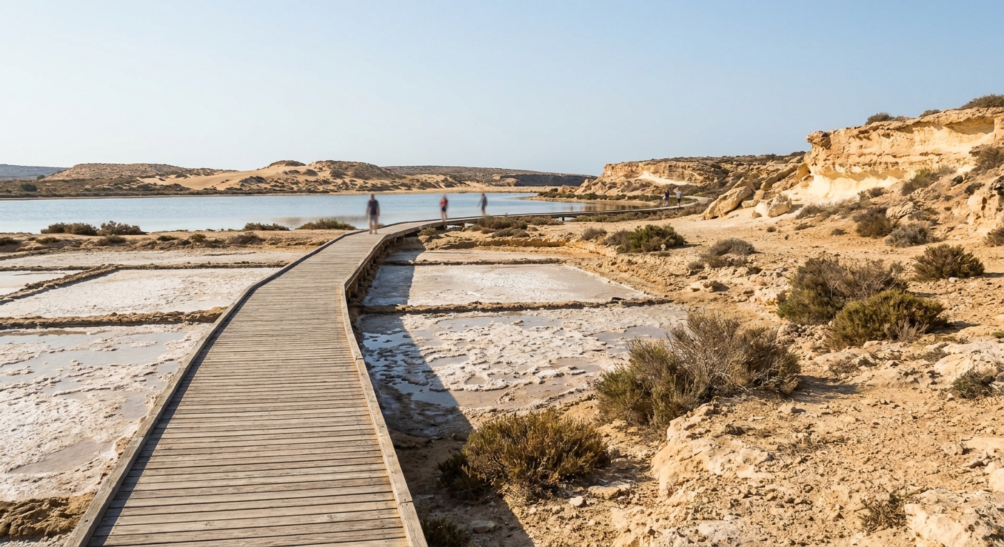 Wooden walkway over shallow salt pans with a lagoon and low dunes in the distance
