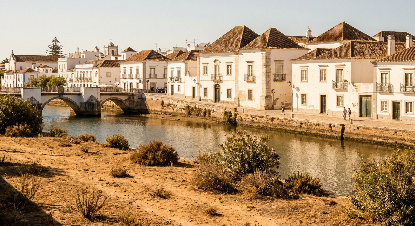 Whitewashed houses with pyramid tile roofs along the Gilao river in Tavira