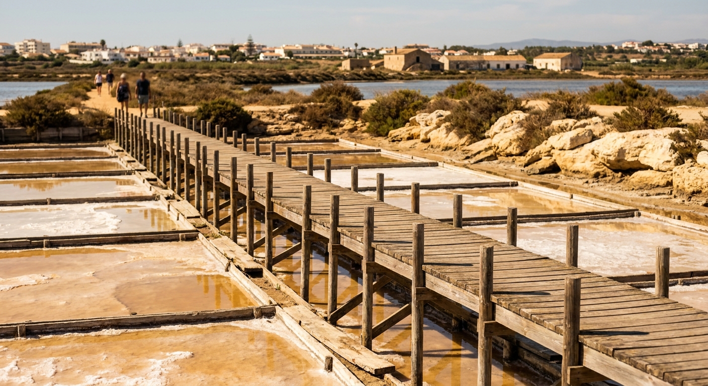 A wooden walkway crossing salt pans east of Tavira with the lagoon behind