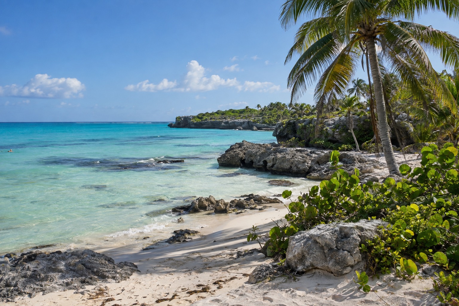 Turquoise Caribbean shallows and palm trees on a beach near Tulum