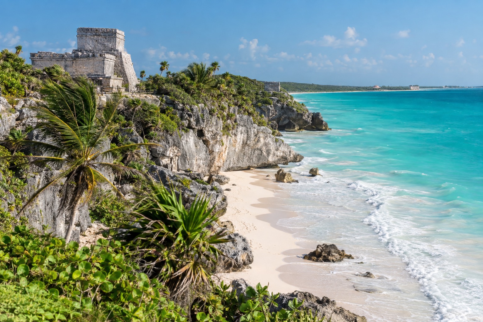 Stone ruins on a cliff above the Caribbean Sea at Tulum