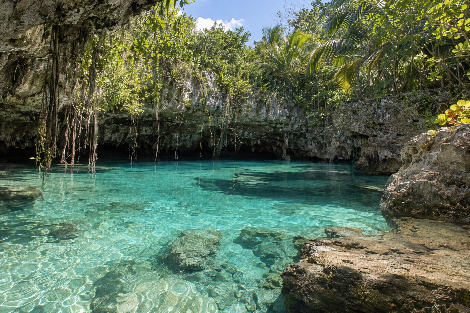 Clear freshwater cenote under a limestone opening ringed by tropical forest