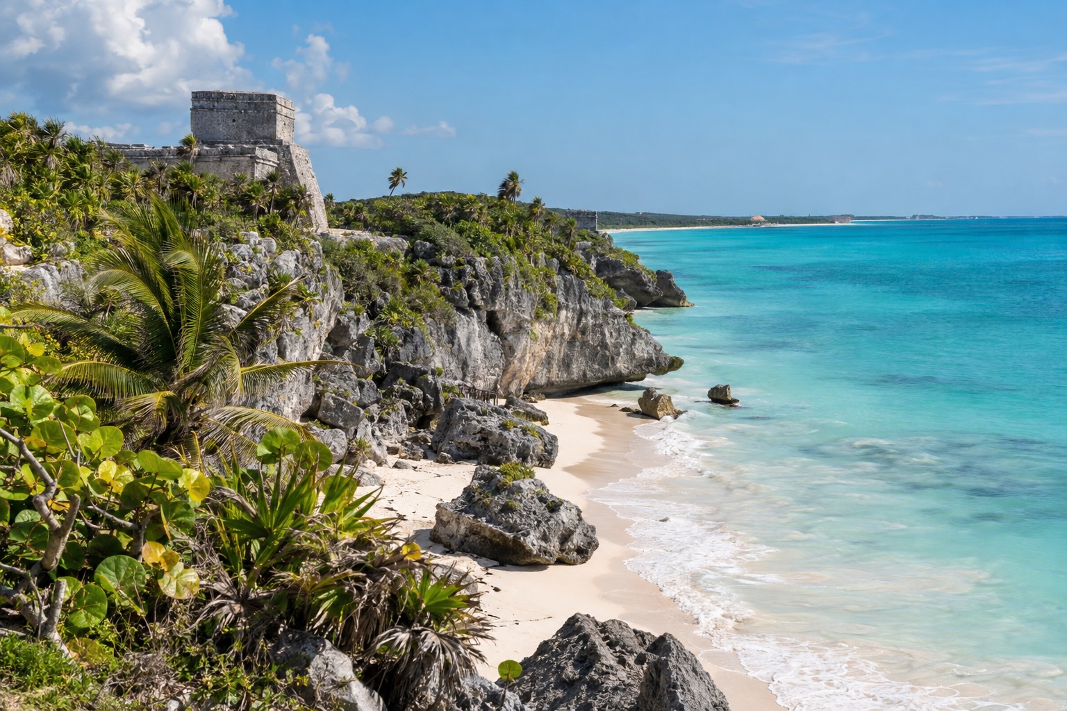 Weathered stone ruins on a clifftop above turquoise Caribbean water