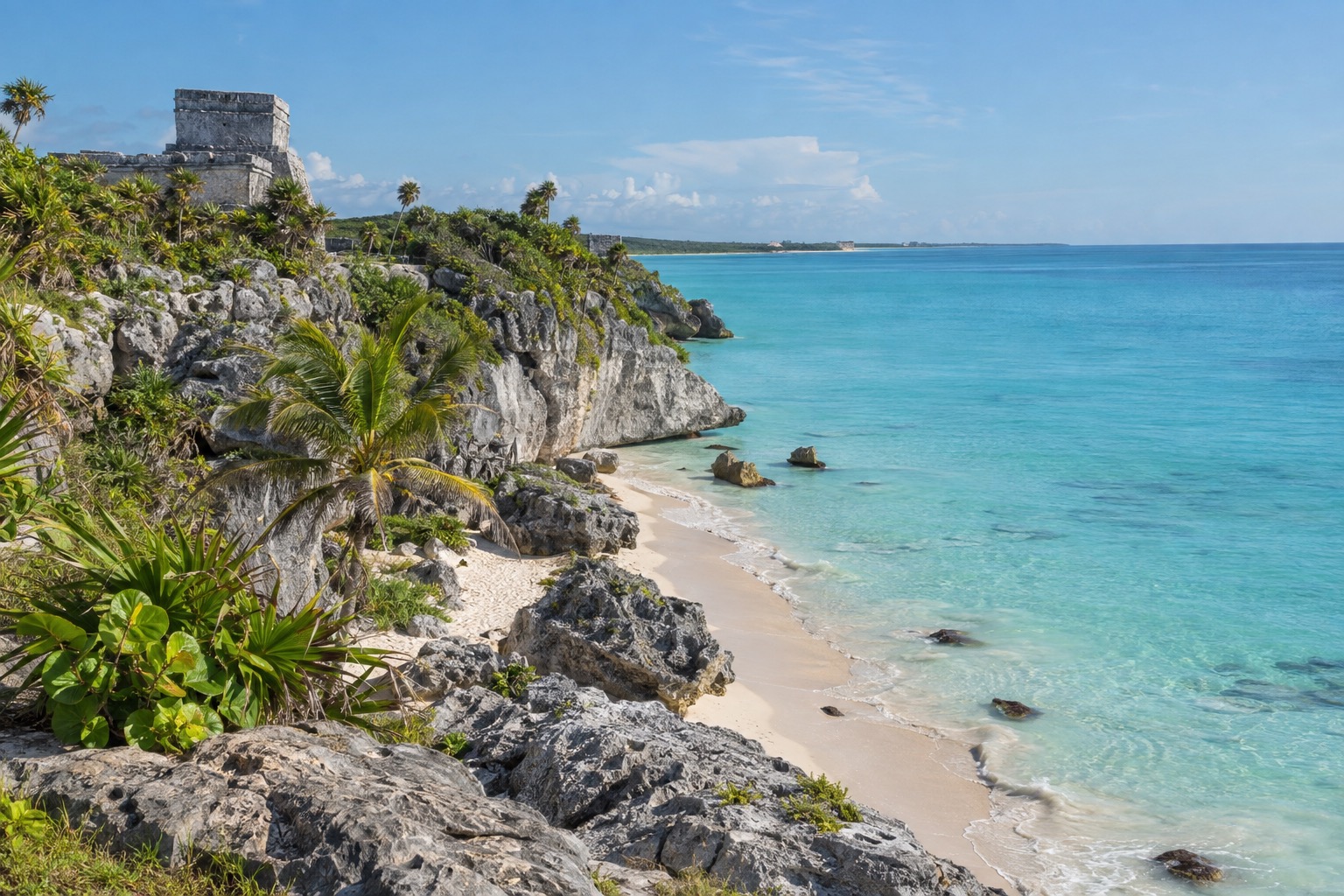 Stone ruins on a cliff above turquoise Caribbean water under a clear morning sky