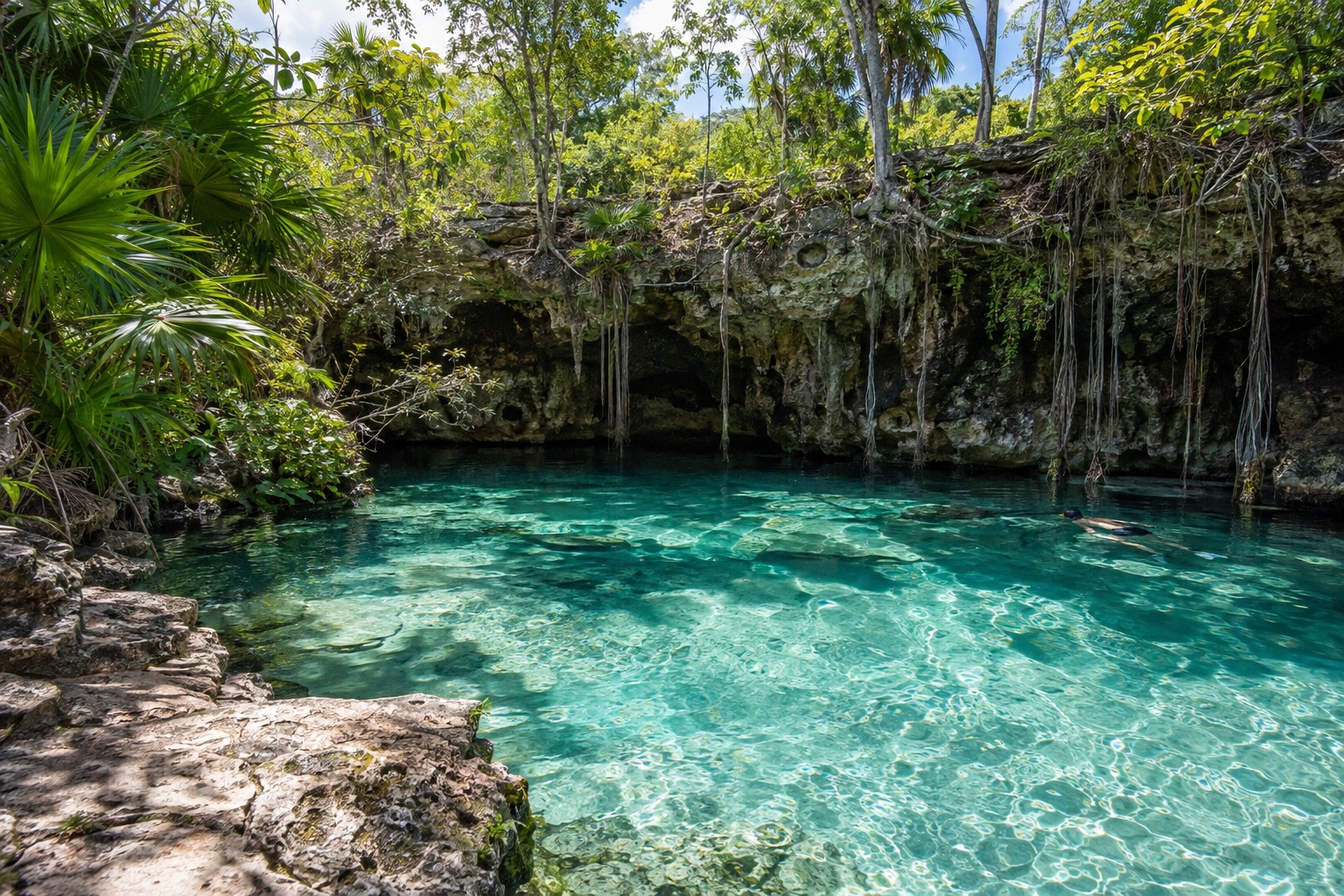 A limestone cenote with clear water and tree roots hanging from the opening above