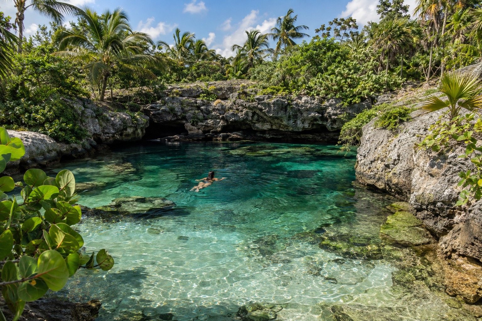 Swimmer in a clear limestone cenote pool surrounded by jungle