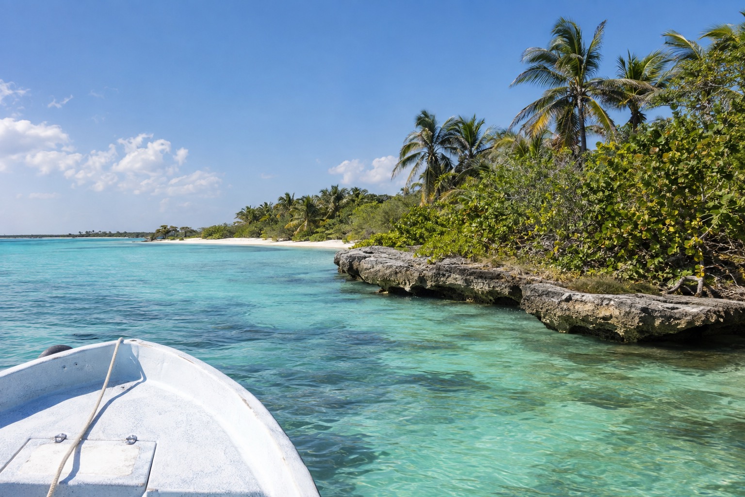 Small boat on calm turquoise water along a mangrove-lined coast