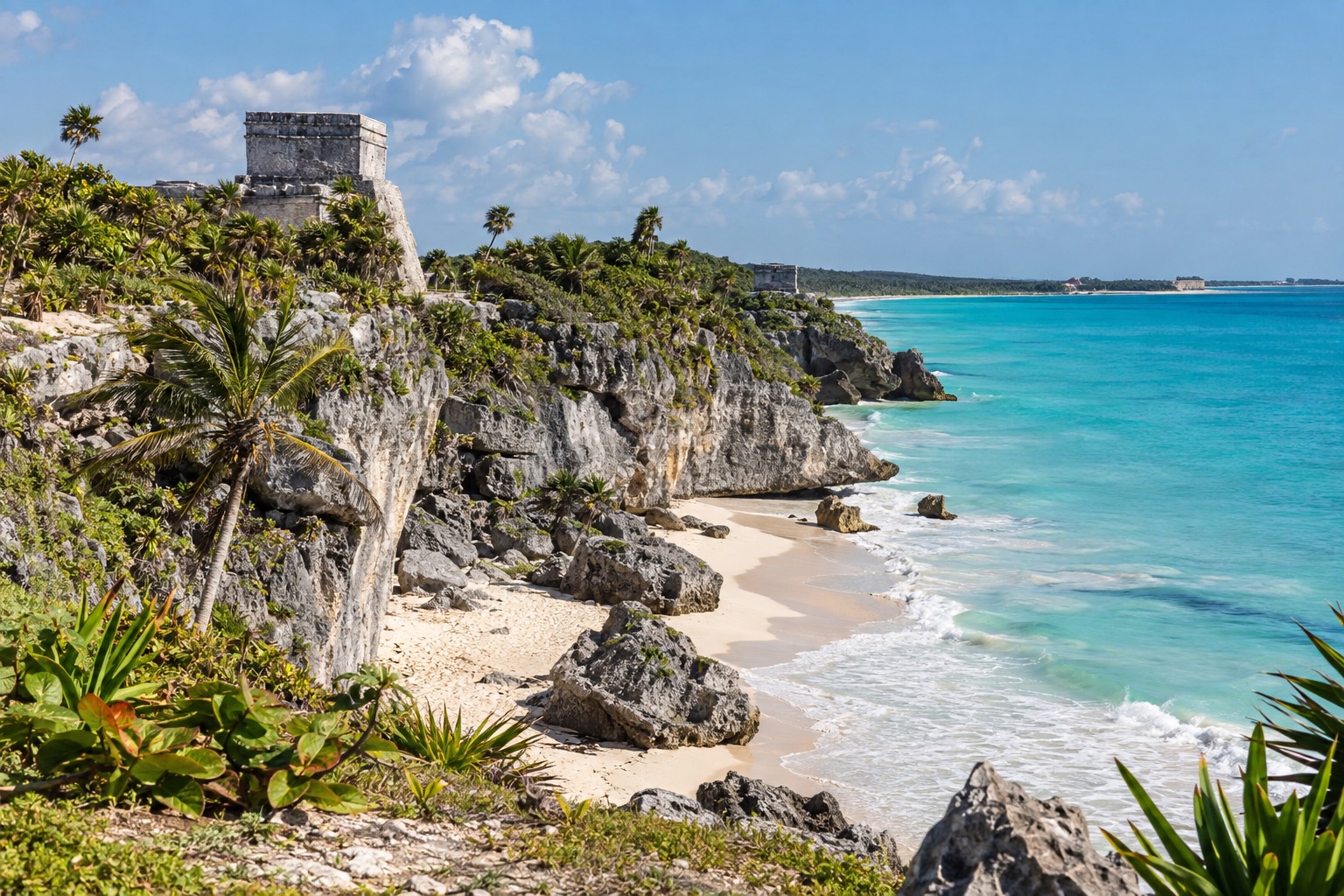 Stone ruins on a cliff above turquoise Caribbean water on the Yucatán coast