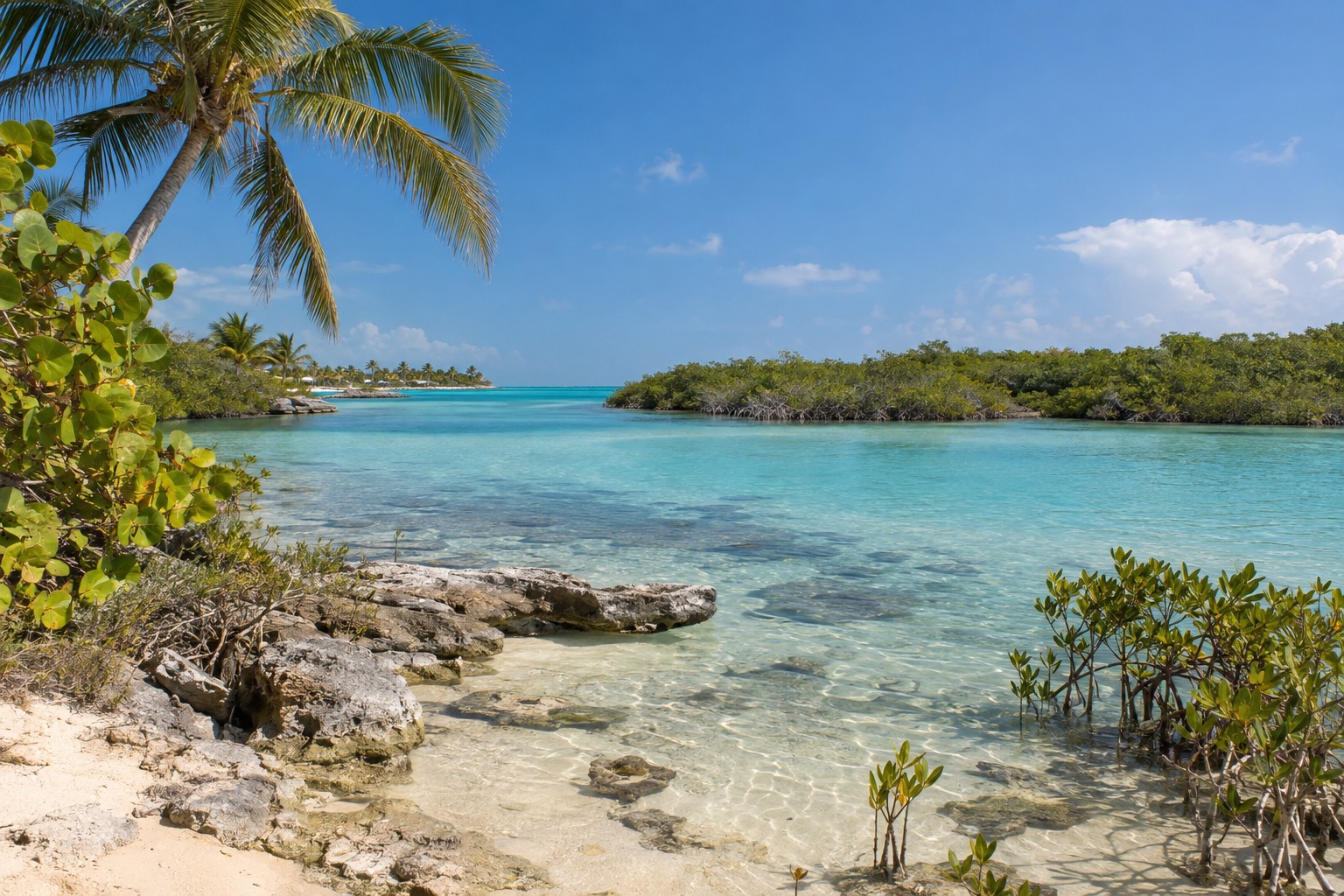 A calm coastal lagoon edged by mangroves in a nature reserve on the Yucatán coast