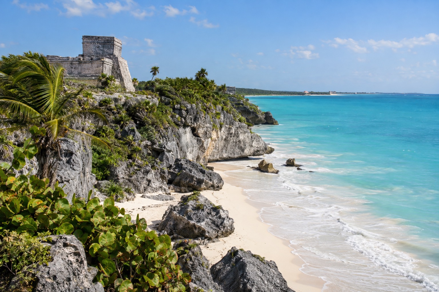 Weathered Maya stone ruins on a limestone cliff above turquoise Caribbean water