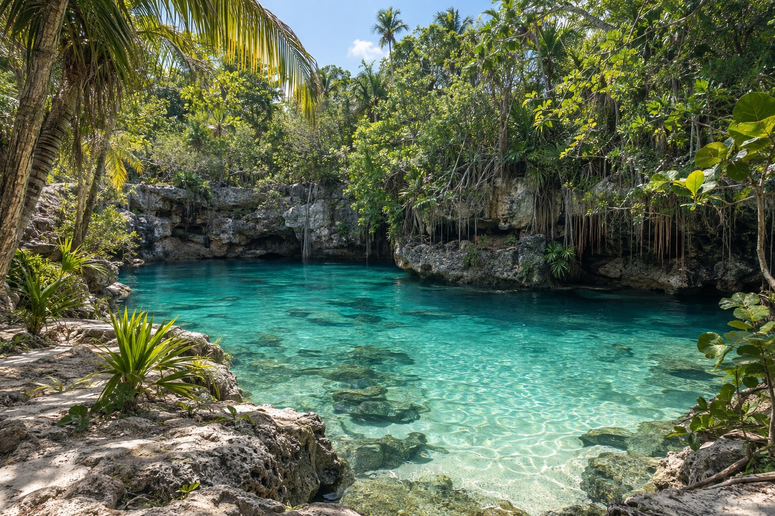 Clear turquoise cenote pool ringed by limestone and jungle roots
